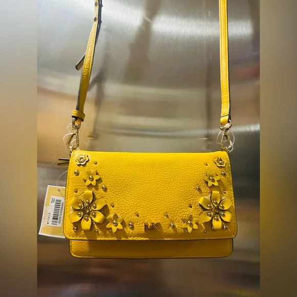 Michael Kors✨💛🩶Vibrant Yellow Floral Crossbody Bag with Phone Holder - Picture 1 of 7